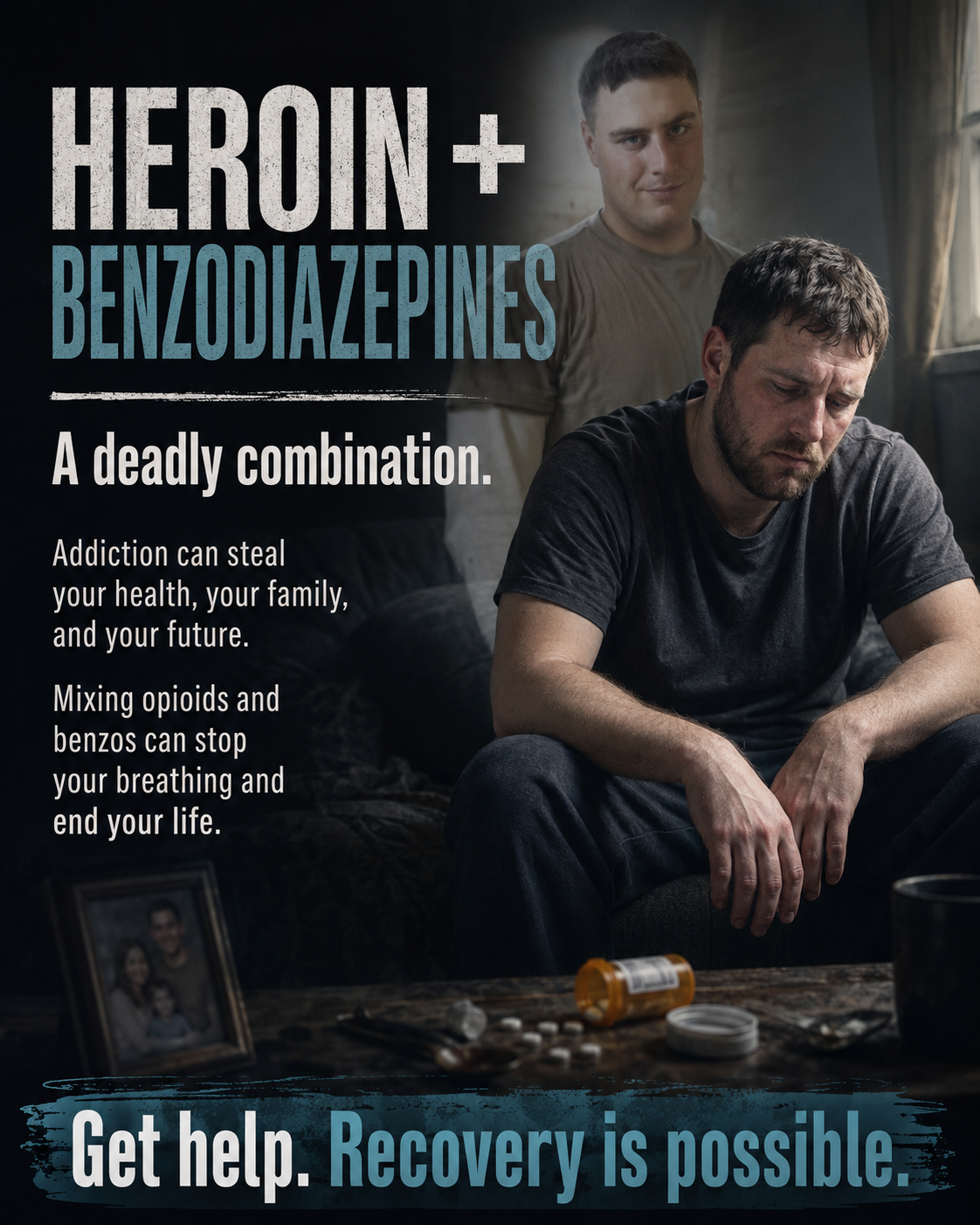 Public warning poster: Heroin plus benzodiazepines, a deadly combination, with Scott Lafferty seated among pills.