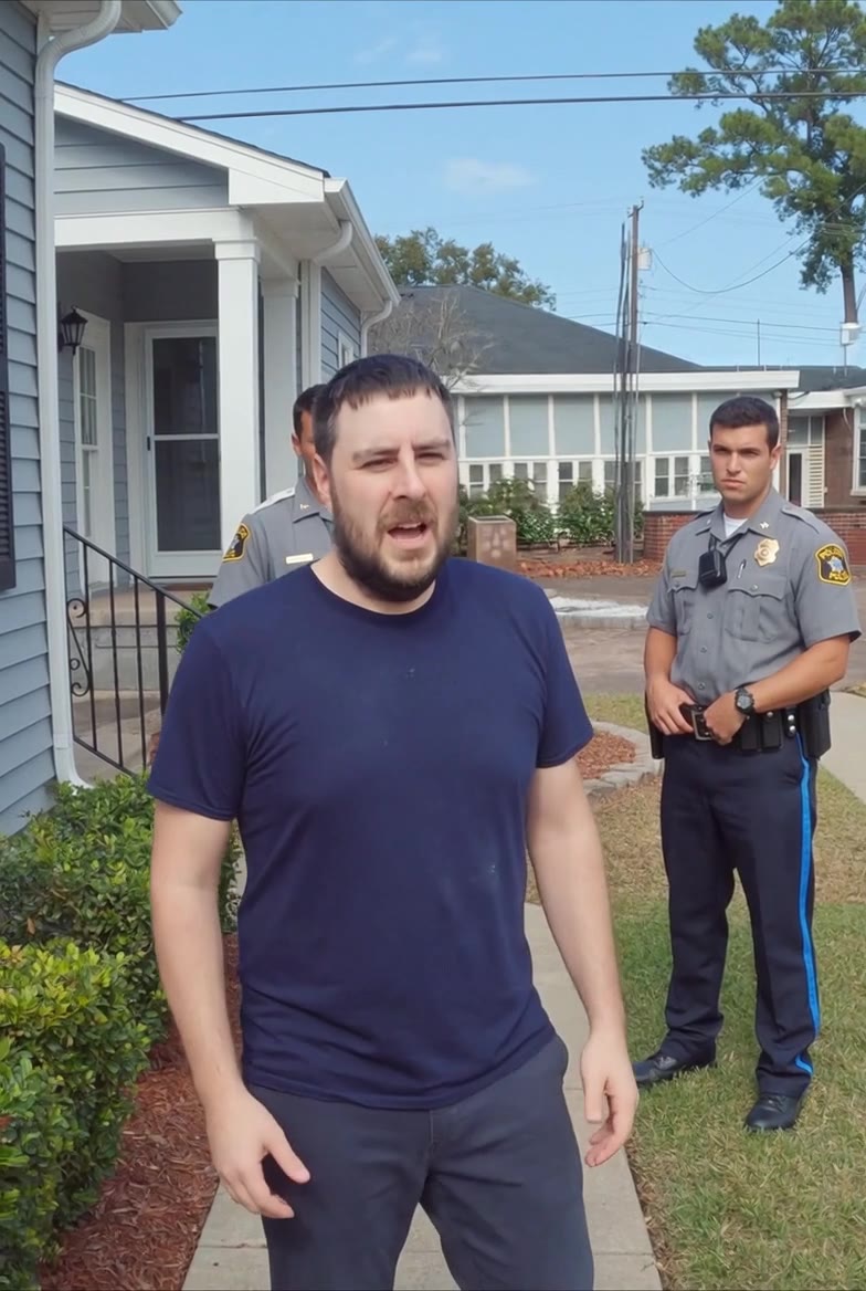 Scott Lafferty in a navy t-shirt on a residential walk, officers standing behind him.